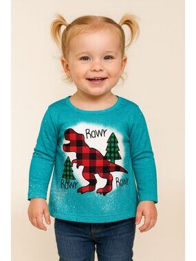 RAWR! Plaid Dino Teal Long Sleeved Shirt Unisex Med 3T